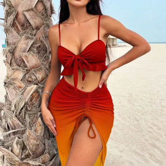 Cikini Sexy Gradient 3-Piece Swimsuit – Mesh Bikini Set for Summer Beachwear