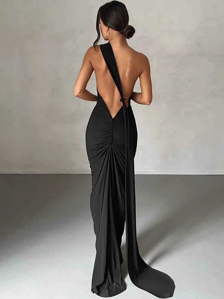 Hugcitar Y2K One-Shoulder Backless Maxi Dress – Ruched Festival & Streetwear Style with Adjustable Scarf Detail (2025)