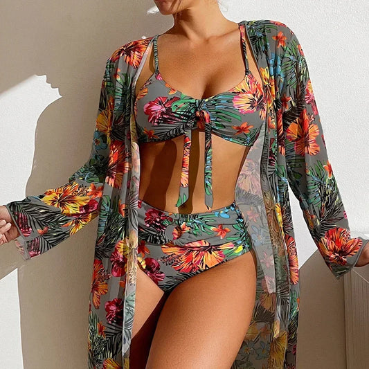 Sexy Women’s 3-Piece Bikini Set – Printed High-Waisted Swimwear with Cover-Up