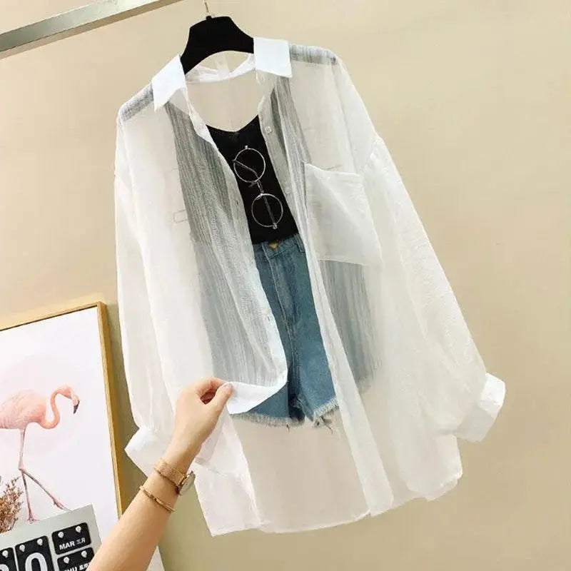 Women's Summer Chiffon Sunscreen Shirt – Sheer Loose-Fit Blouse | Elegant Korean Harajuku Style Cardigan Top