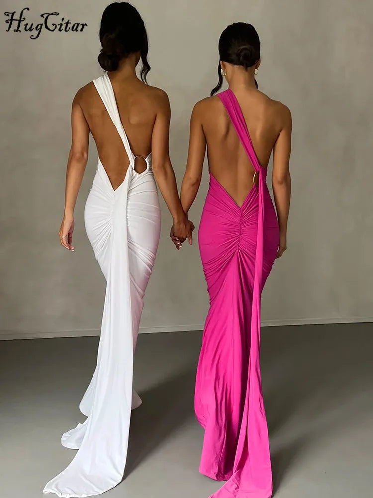 Hugcitar Y2K One-Shoulder Backless Maxi Dress – Ruched Festival & Streetwear Style with Adjustable Scarf Detail (2025)