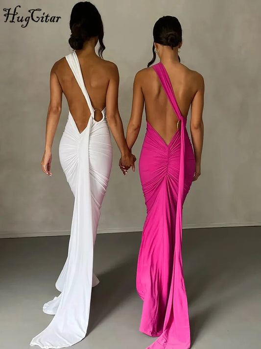 Hugcitar Y2K One-Shoulder Backless Maxi Dress – Ruched Festival & Streetwear Style with Adjustable Scarf Detail (2025)