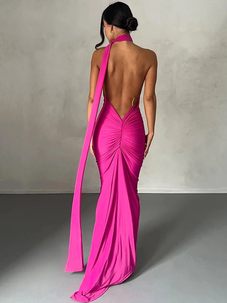 Hugcitar Y2K One-Shoulder Backless Maxi Dress – Ruched Festival & Streetwear Style with Adjustable Scarf Detail (2025)
