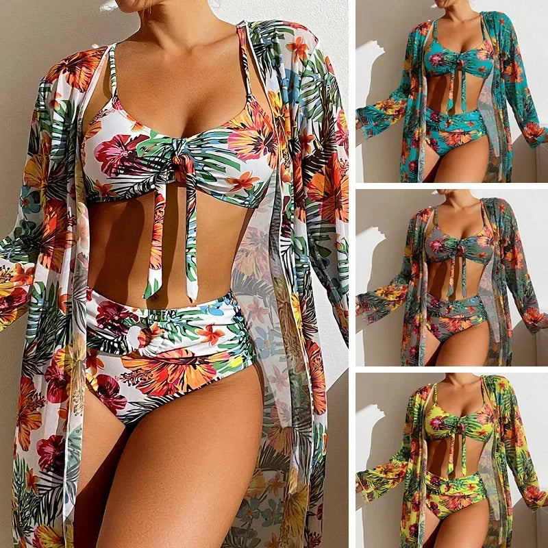 Sexy Women’s 3-Piece Bikini Set – Printed High-Waisted Swimwear with Cover-Up