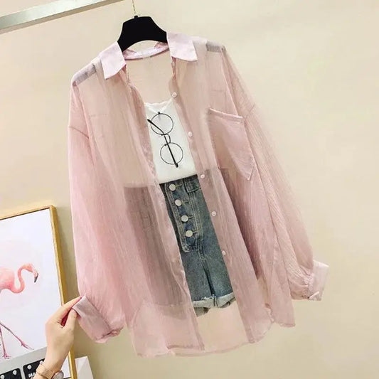 Women's Summer Chiffon Sunscreen Shirt – Sheer Loose-Fit Blouse | Elegant Korean Harajuku Style Cardigan Top