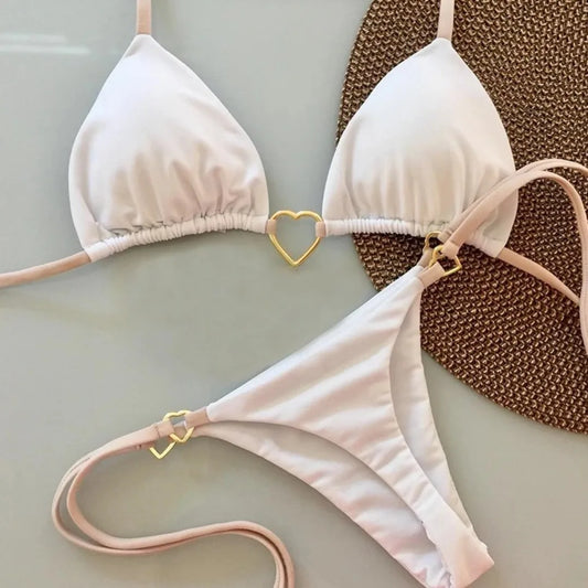 Fashionable Women’s White Bikini – Low-Rise Lace-Up Two-Piece Swimwear