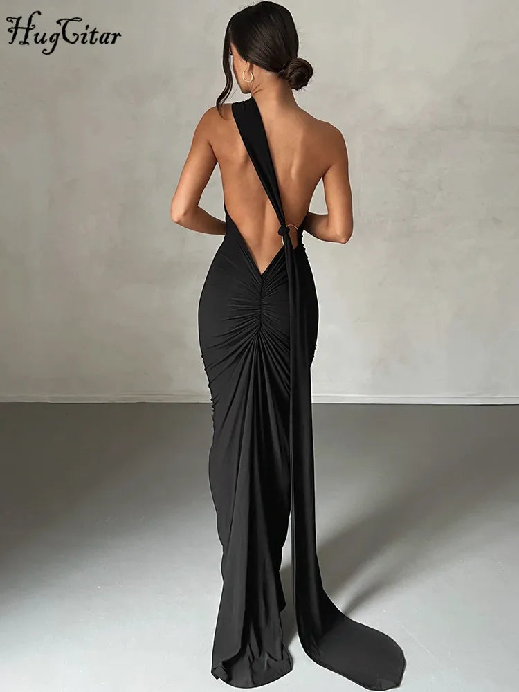 Hugcitar Y2K One-Shoulder Backless Maxi Dress – Ruched Festival & Streetwear Style with Adjustable Scarf Detail (2025)