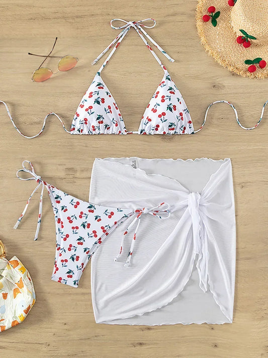 Cherry Print Bikini Set for Women – 3-Piece Swimsuit with Mesh Sarong Skirt