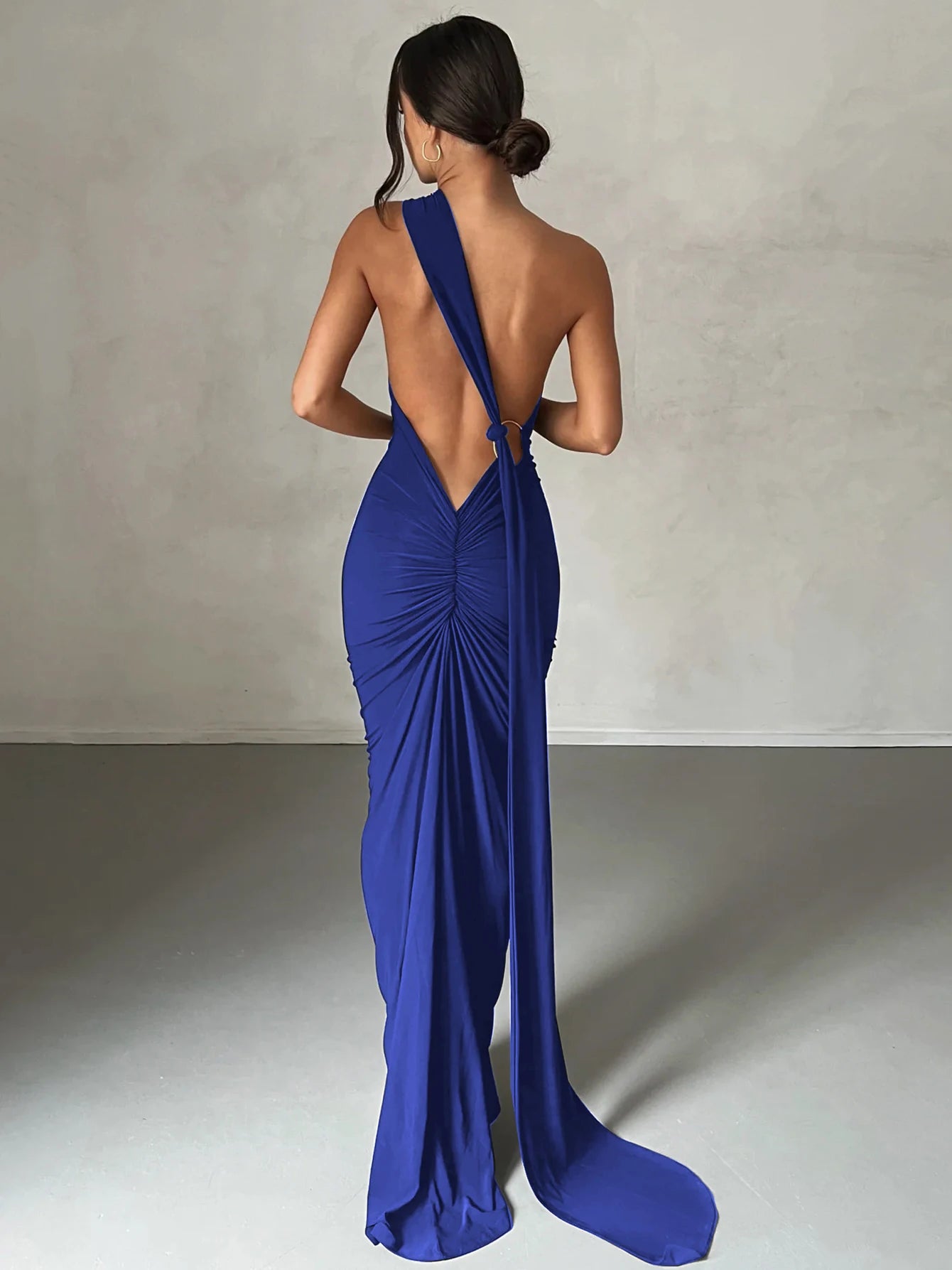 Hugcitar Y2K One-Shoulder Backless Maxi Dress – Ruched Festival & Streetwear Style with Adjustable Scarf Detail (2025)