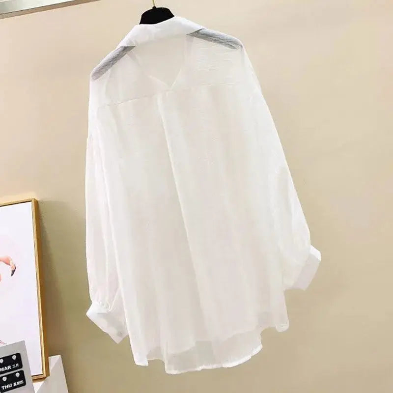 Women's Summer Chiffon Sunscreen Shirt – Sheer Loose-Fit Blouse | Elegant Korean Harajuku Style Cardigan Top