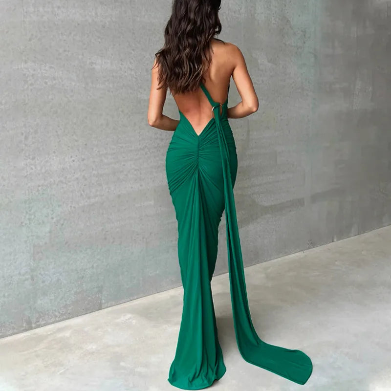 Hugcitar Y2K One-Shoulder Backless Maxi Dress – Ruched Festival & Streetwear Style with Adjustable Scarf Detail (2025)