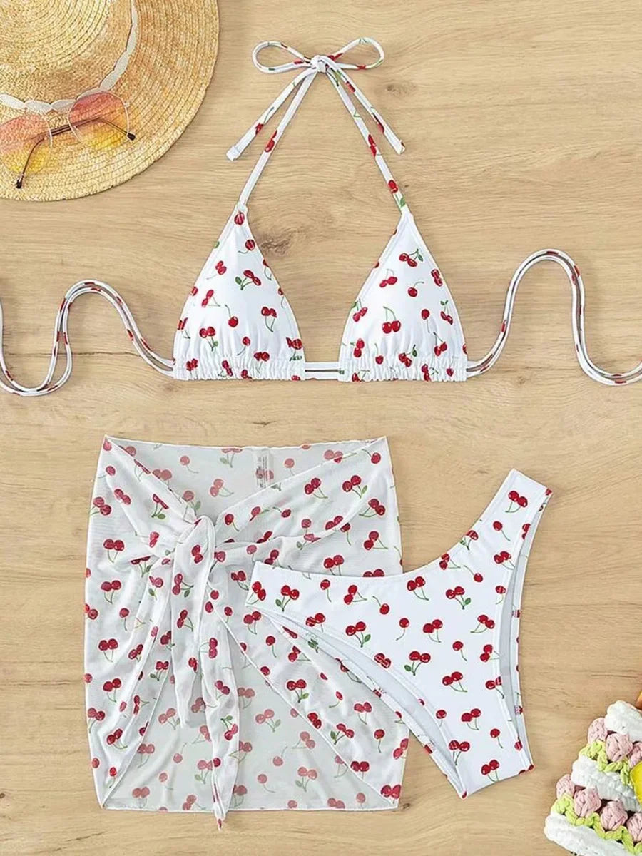 Cherry Print Bikini Set for Women – 3-Piece Swimsuit with Mesh Sarong Skirt