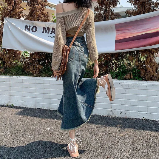 Women's Retro High-Waisted Fishtail Denim Skirt – Long Hip-Hugging Street Style with Fringe Detail for Summer Casual Looks