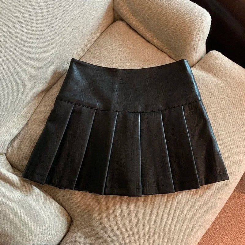 MEXZT Y2K High-Waisted PU Leather Pleated Mini Skirt – Vintage Korean Streetwear A-Line Style for Women, Sizes S–3XL