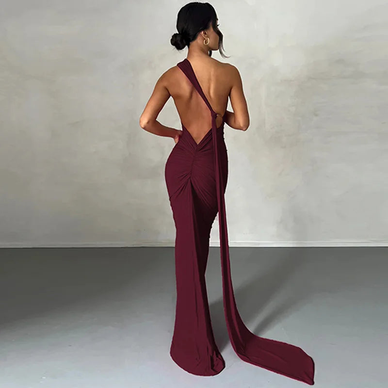 Hugcitar Y2K One-Shoulder Backless Maxi Dress – Ruched Festival & Streetwear Style with Adjustable Scarf Detail (2025)