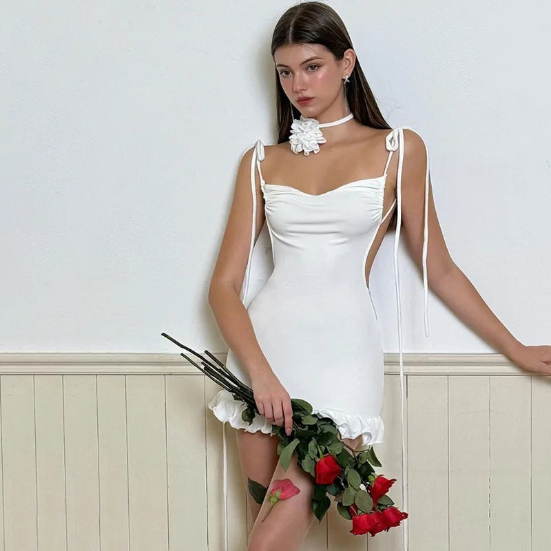 2025 High-End Y2K Lace-Up Open Back Mini Dress – Sexy Slim-Fit Short Skirt for Spicy Girl Aesthetic (European & American Style)