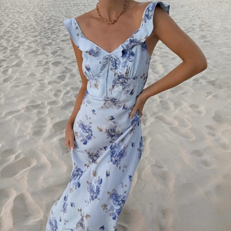 Cryptographic Summer Floral Plunge Maxi Dress – Backless Fairy-Inspired Vacation & Beach Outfit