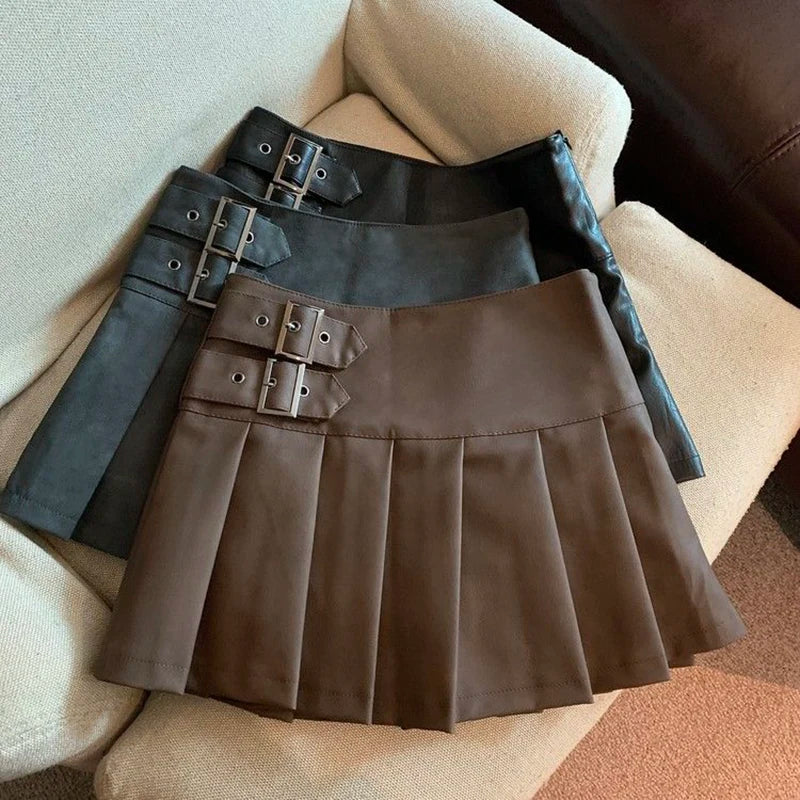 MEXZT Y2K High-Waisted PU Leather Pleated Mini Skirt – Vintage Korean Streetwear A-Line Style for Women, Sizes S–3XL