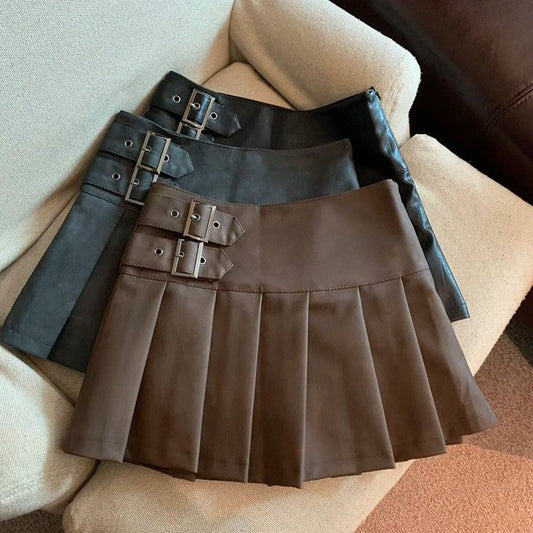 MEXZT Y2K High-Waisted PU Leather Pleated Mini Skirt – Vintage Korean Streetwear A-Line Style for Women, Sizes S–3XL