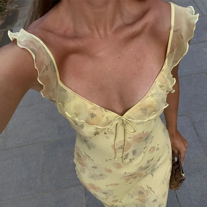 Cryptographic Summer Floral Plunge Maxi Dress – Backless Fairy-Inspired Vacation & Beach Outfit