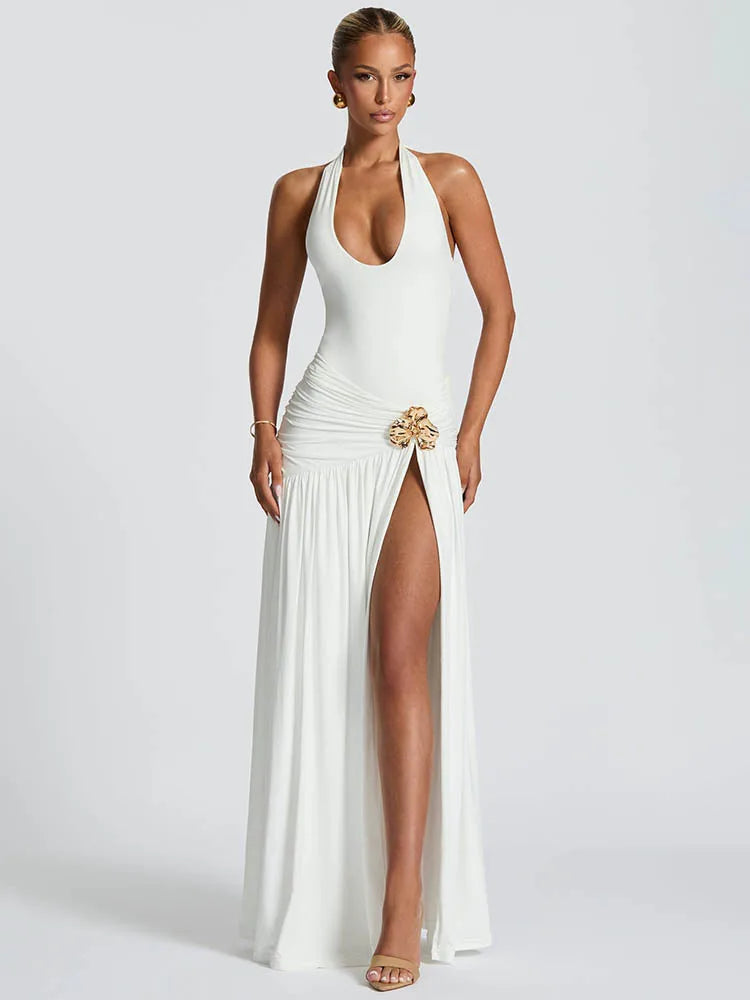 Mozision Elegant Backless Maxi Dress Set – Women’s Halter Bodysuit & Ruched Split Maxi Skirt Matching Set