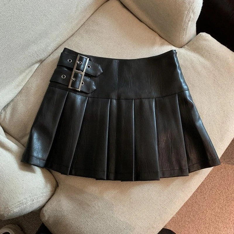 MEXZT Y2K High-Waisted PU Leather Pleated Mini Skirt – Vintage Korean Streetwear A-Line Style for Women, Sizes S–3XL