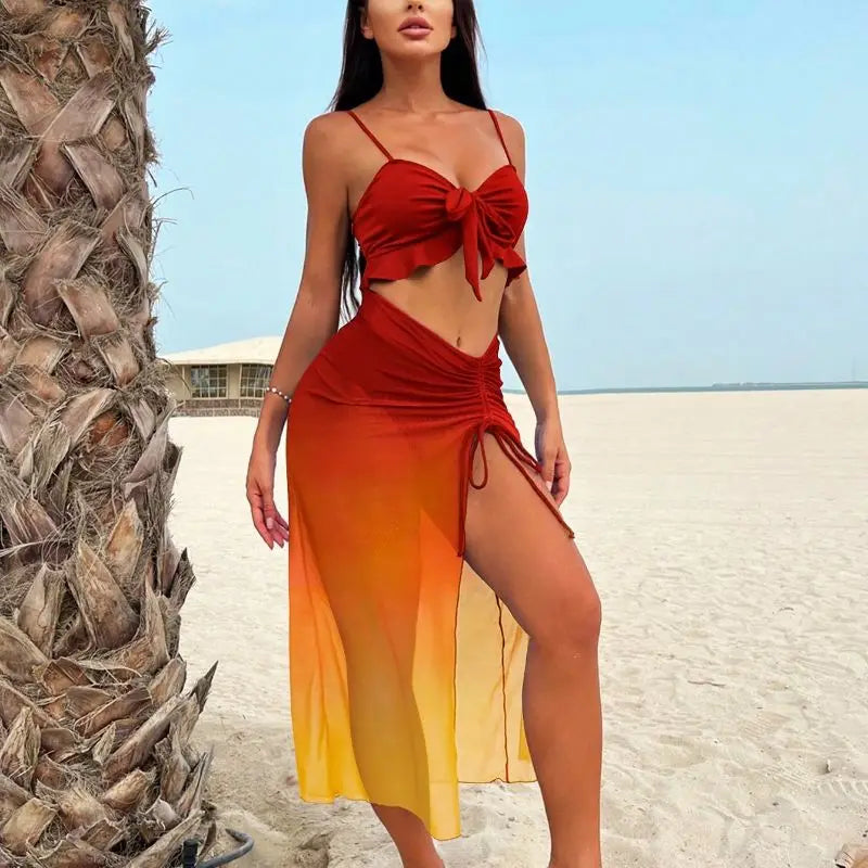 Cikini Sexy Gradient 3-Piece Swimsuit – Mesh Bikini Set for Summer Beachwear