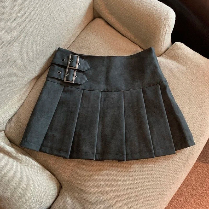 MEXZT Y2K High-Waisted PU Leather Pleated Mini Skirt – Vintage Korean Streetwear A-Line Style for Women, Sizes S–3XL