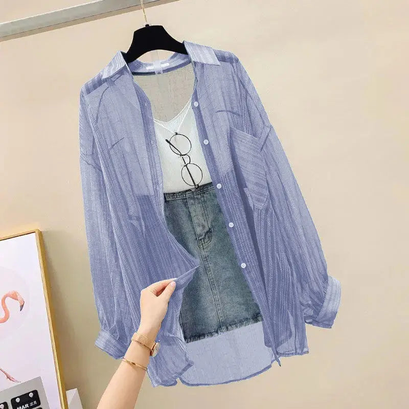 Women's Summer Chiffon Sunscreen Shirt – Sheer Loose-Fit Blouse | Elegant Korean Harajuku Style Cardigan Top