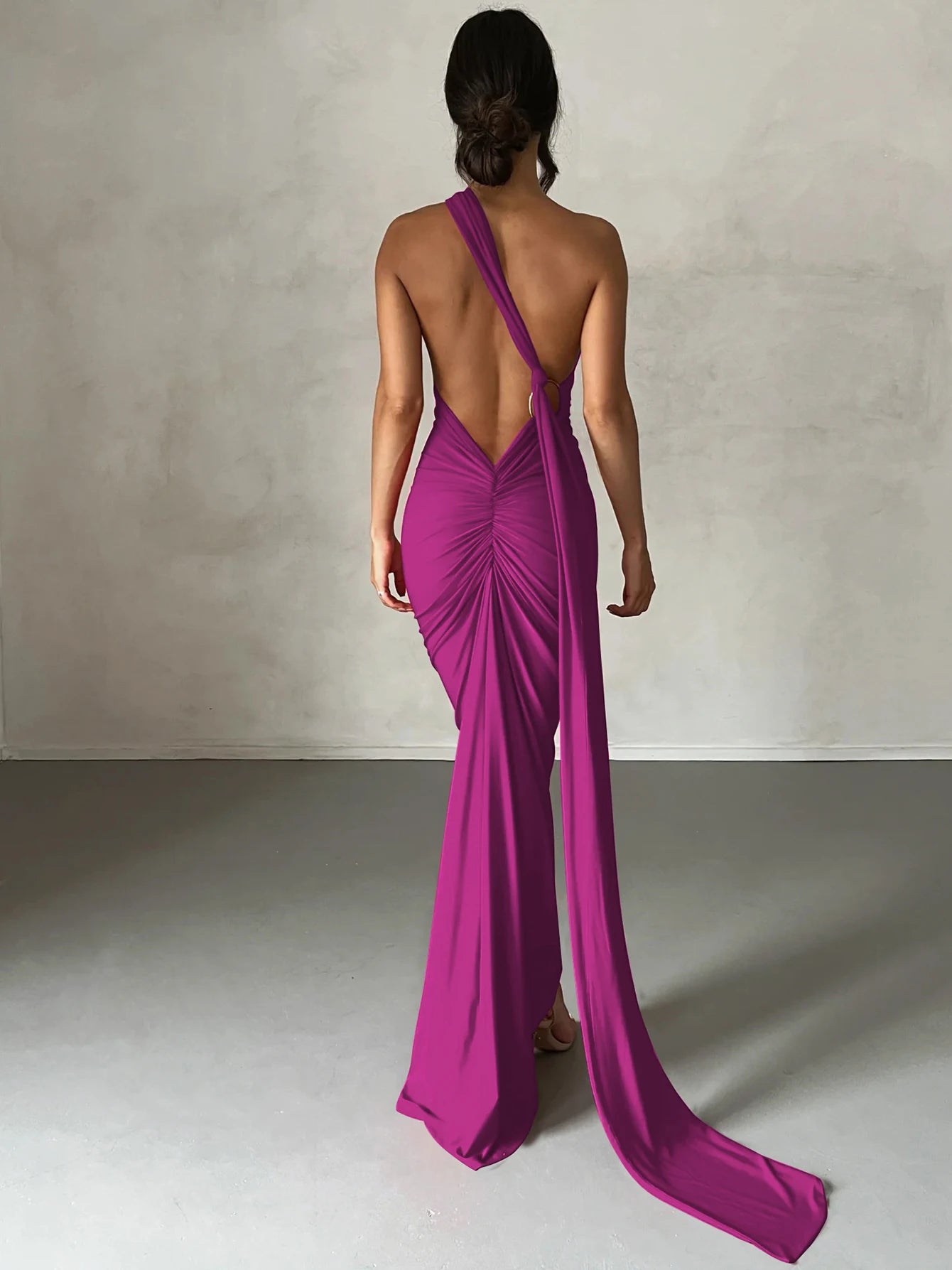 Hugcitar Y2K One-Shoulder Backless Maxi Dress – Ruched Festival & Streetwear Style with Adjustable Scarf Detail (2025)