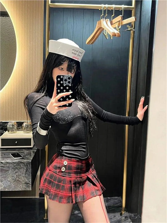 Women's Red Plaid Pleated Mini Skirt – Y2K Korean Preppy Vintage Style for Summer