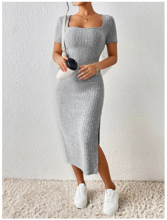 Elegant Knitted Dress for Women – Short Sleeve Square Collar Design with Flattering Side Slit, Perfect for Spring & Summer